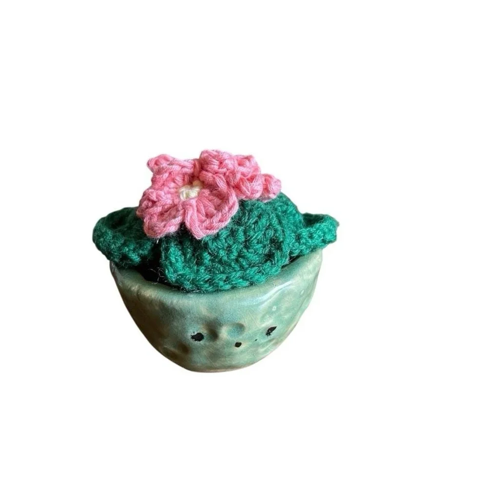 Crochet African Violet in Clay Vase Pink Flowers Handmade Crocheted Plant Decor